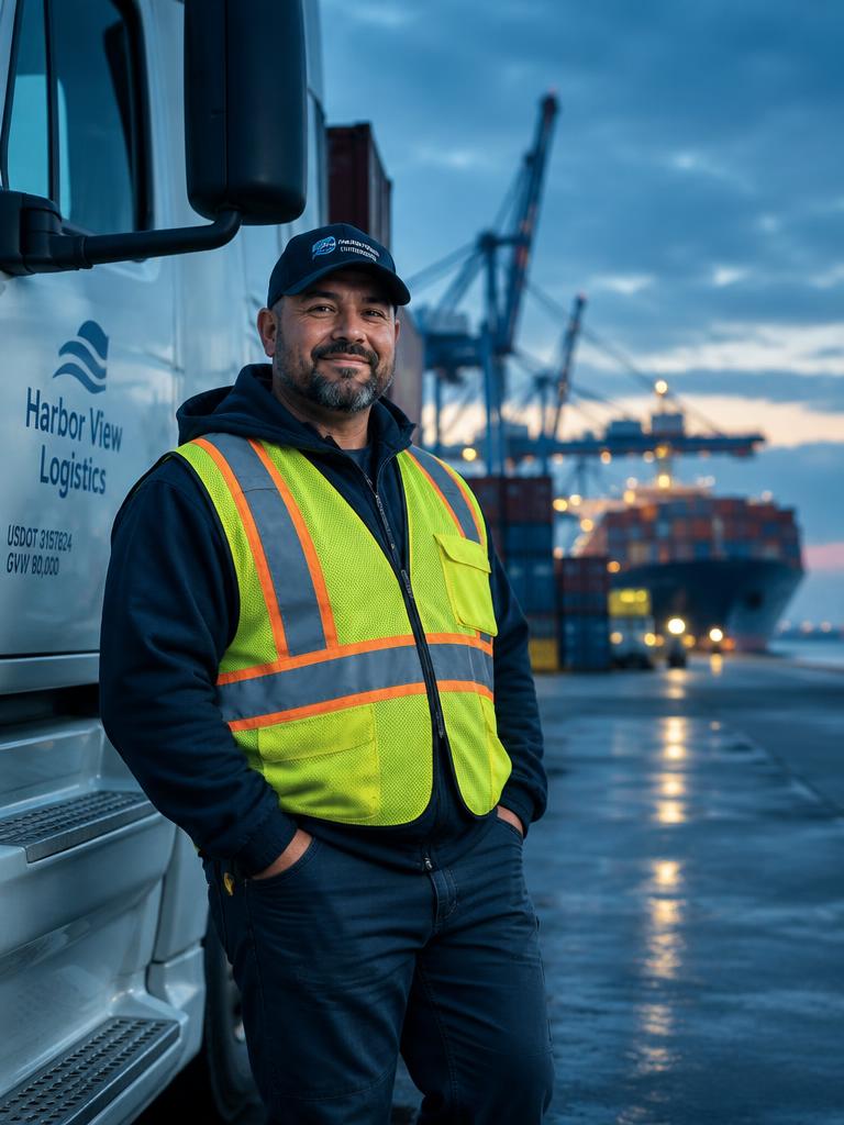 JFK Logistics driver standing beside a truck at the port